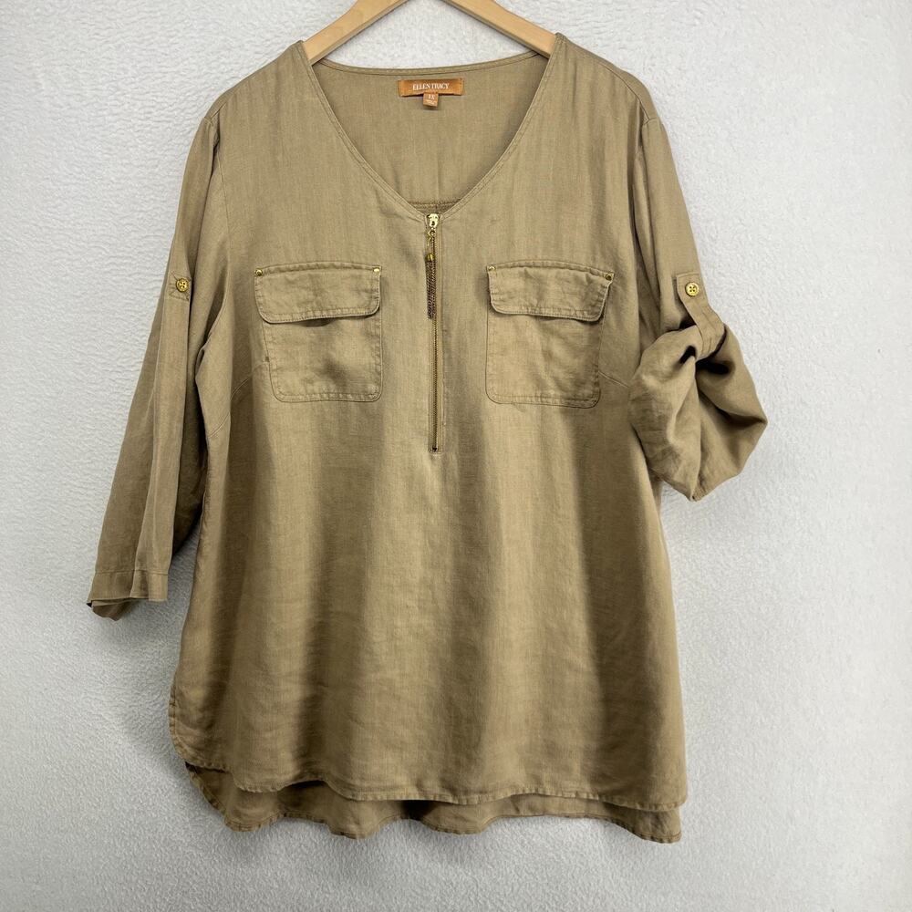 ELLEN TRACY Top 1X Plus 100% Linen Tunic Zip Front Tassel Roll Tab Sleeve Khaki